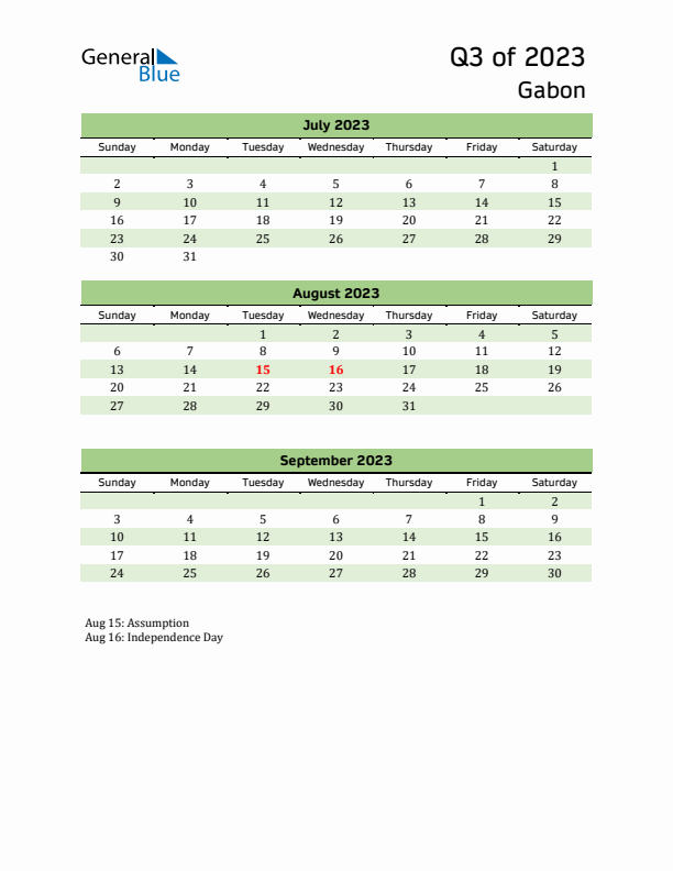 Quarterly Calendar 2023 with Gabon Holidays