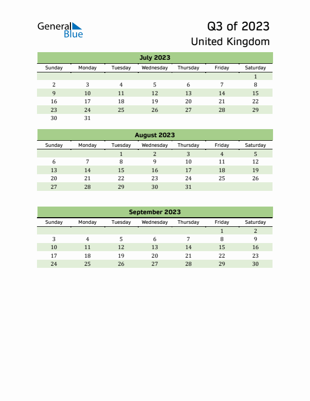 Quarterly Calendar 2023 with United Kingdom Holidays