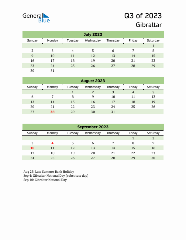 Quarterly Calendar 2023 with Gibraltar Holidays