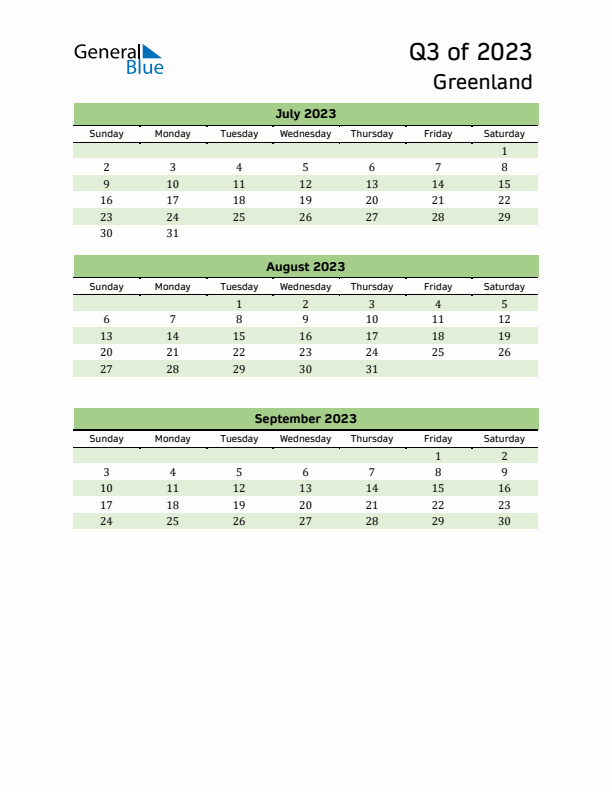 Quarterly Calendar 2023 with Greenland Holidays