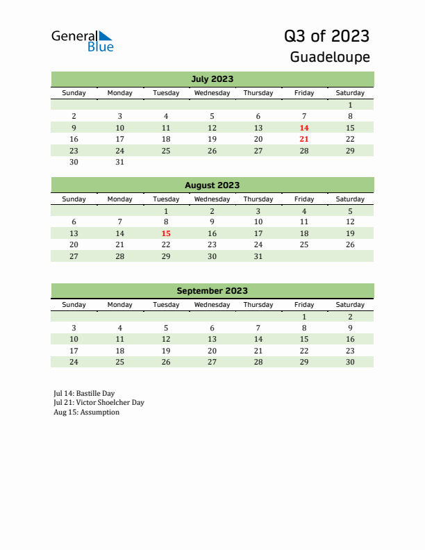 Quarterly Calendar 2023 with Guadeloupe Holidays