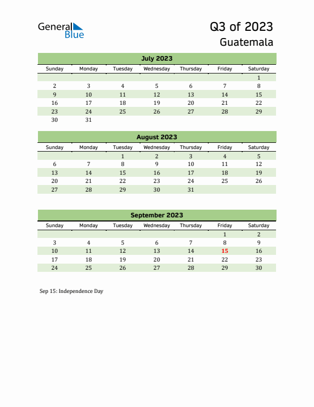 Quarterly Calendar 2023 with Guatemala Holidays