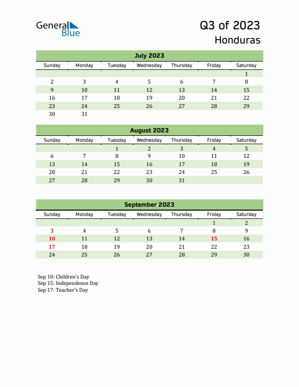 Quarterly Calendar 2023 with Honduras Holidays