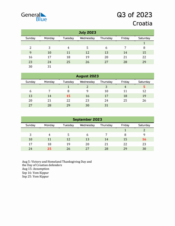 Quarterly Calendar 2023 with Croatia Holidays