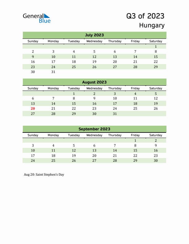 Quarterly Calendar 2023 with Hungary Holidays