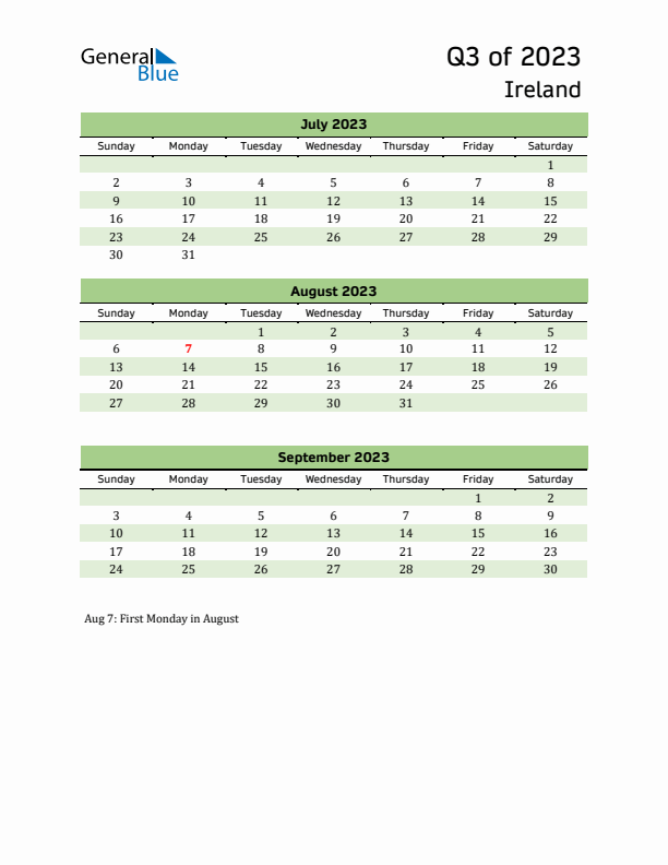 Quarterly Calendar 2023 with Ireland Holidays