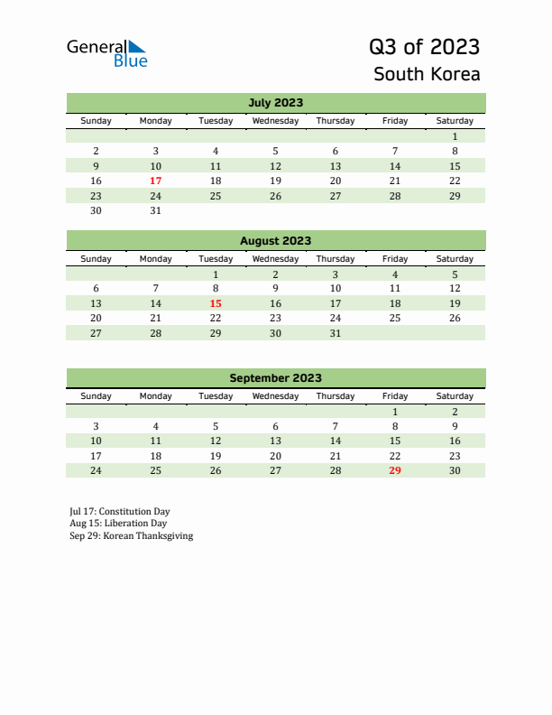 Quarterly Calendar 2023 with South Korea Holidays