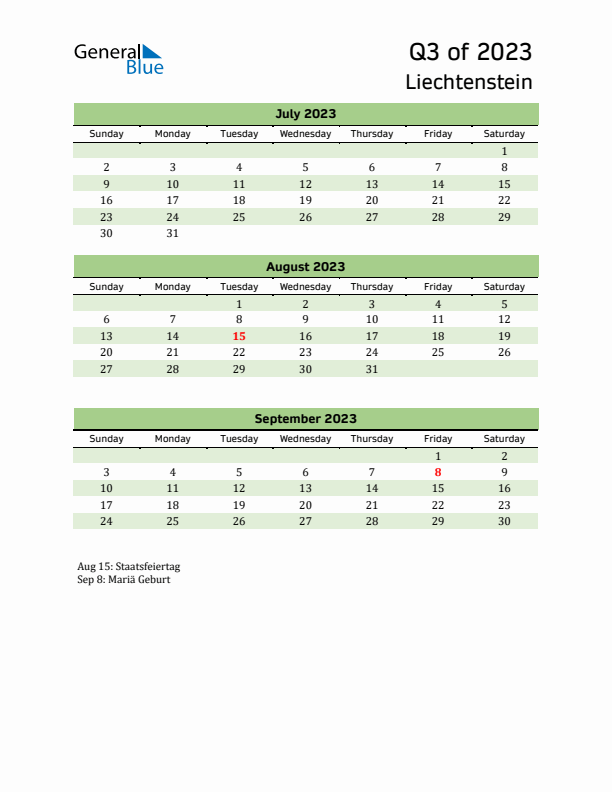 Quarterly Calendar 2023 with Liechtenstein Holidays