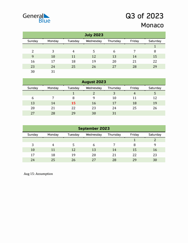 Quarterly Calendar 2023 with Monaco Holidays