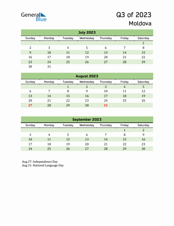 Quarterly Calendar 2023 with Moldova Holidays