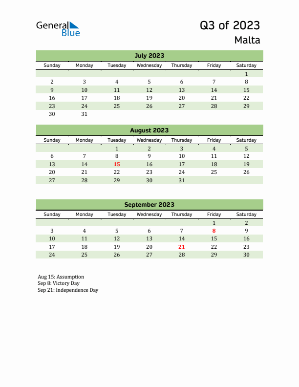 Quarterly Calendar 2023 with Malta Holidays