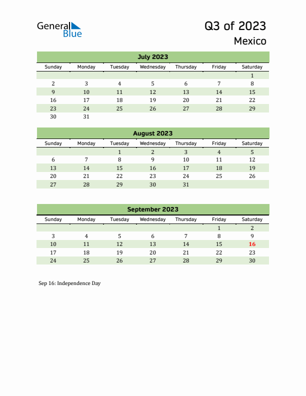 Quarterly Calendar 2023 with Mexico Holidays