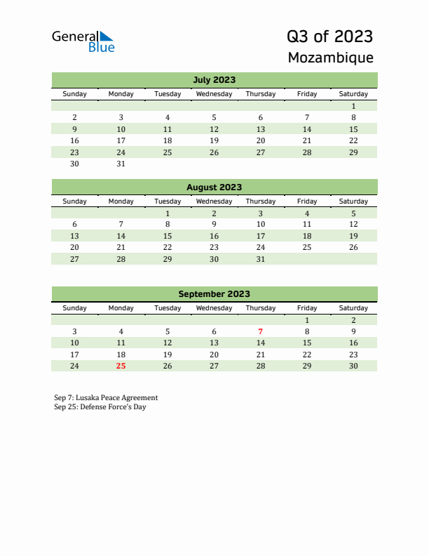 Quarterly Calendar 2023 with Mozambique Holidays