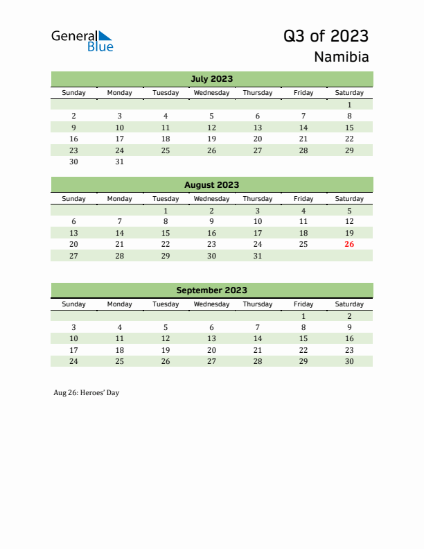 Quarterly Calendar 2023 with Namibia Holidays