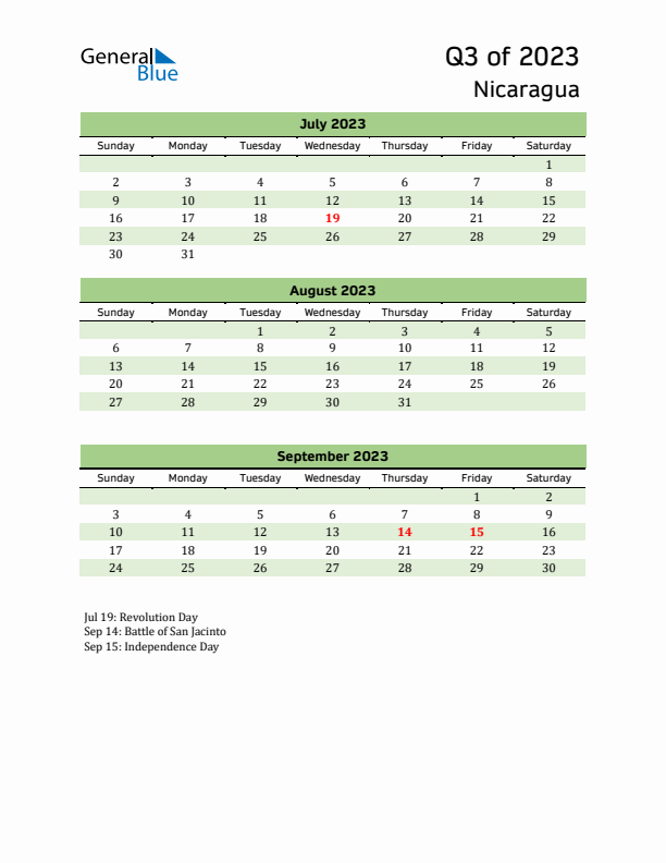 Quarterly Calendar 2023 with Nicaragua Holidays