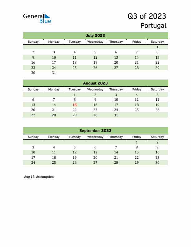 Quarterly Calendar 2023 with Portugal Holidays