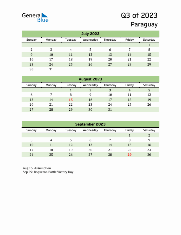 Quarterly Calendar 2023 with Paraguay Holidays