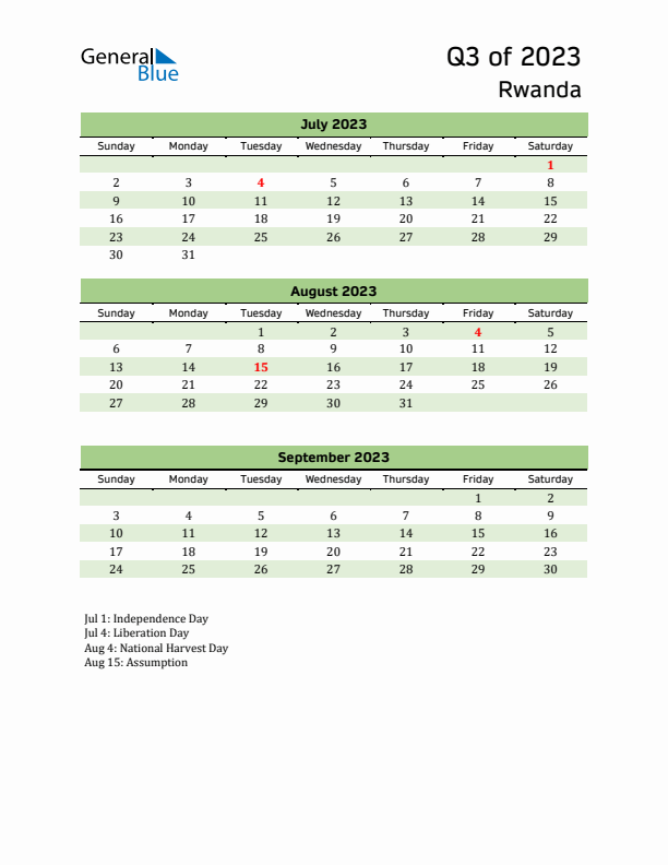 Quarterly Calendar 2023 with Rwanda Holidays