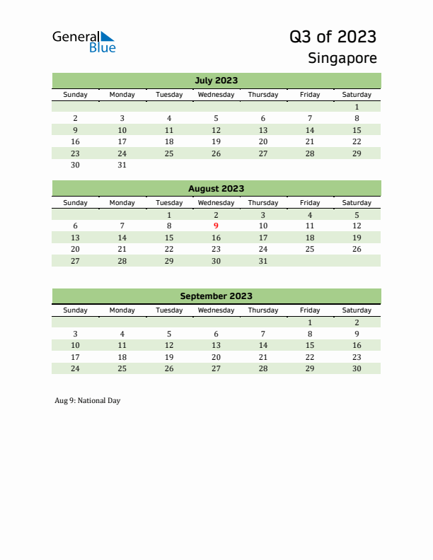 Quarterly Calendar 2023 with Singapore Holidays