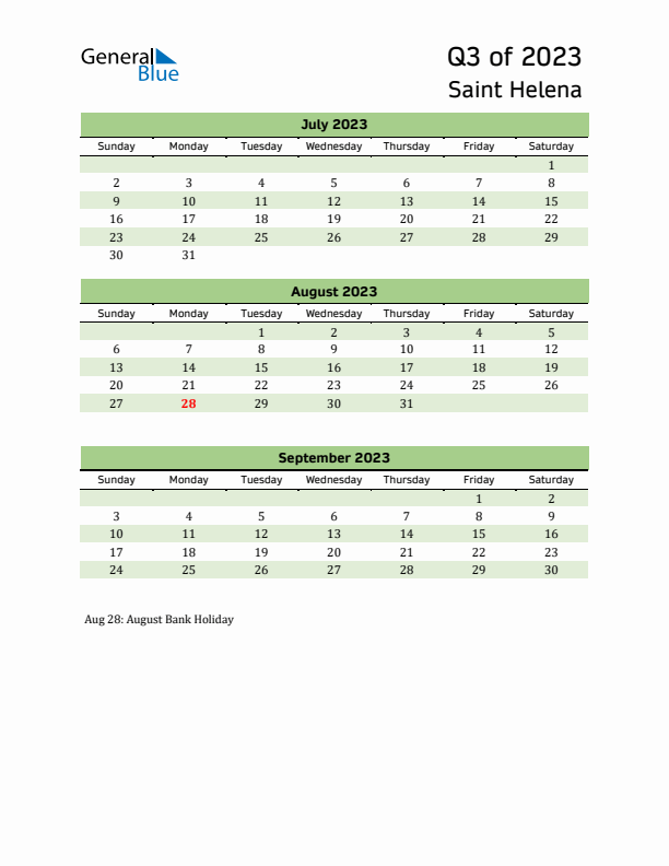 Quarterly Calendar 2023 with Saint Helena Holidays