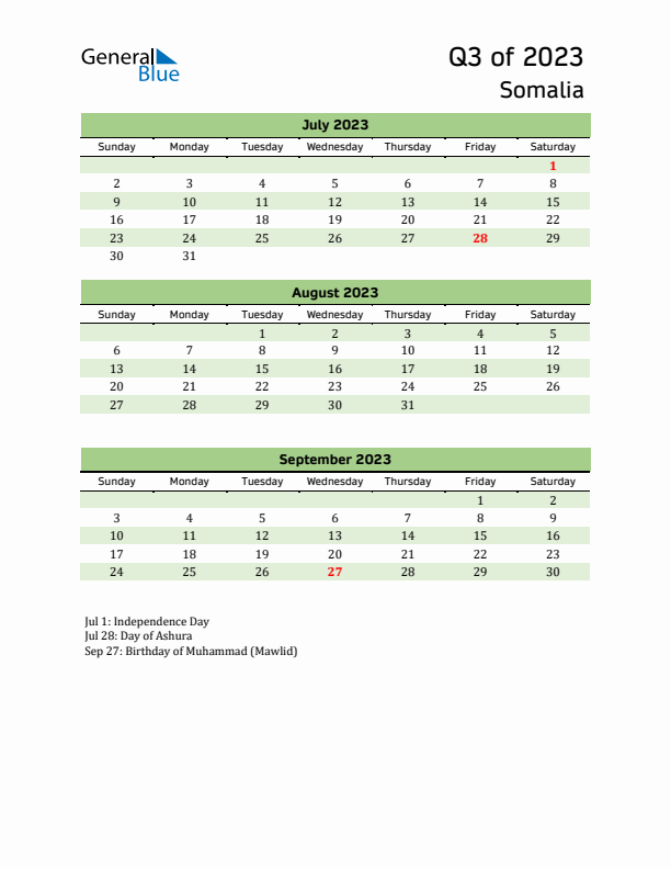 Quarterly Calendar 2023 with Somalia Holidays