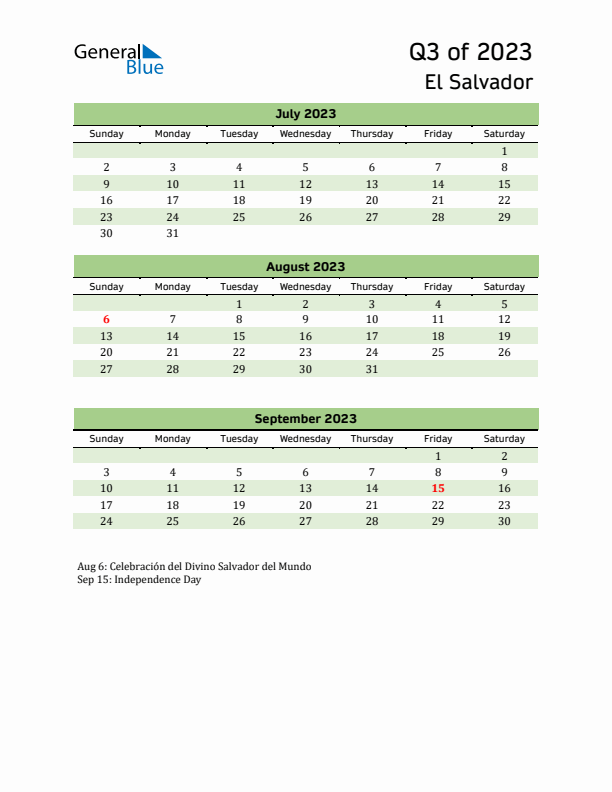 Quarterly Calendar 2023 with El Salvador Holidays