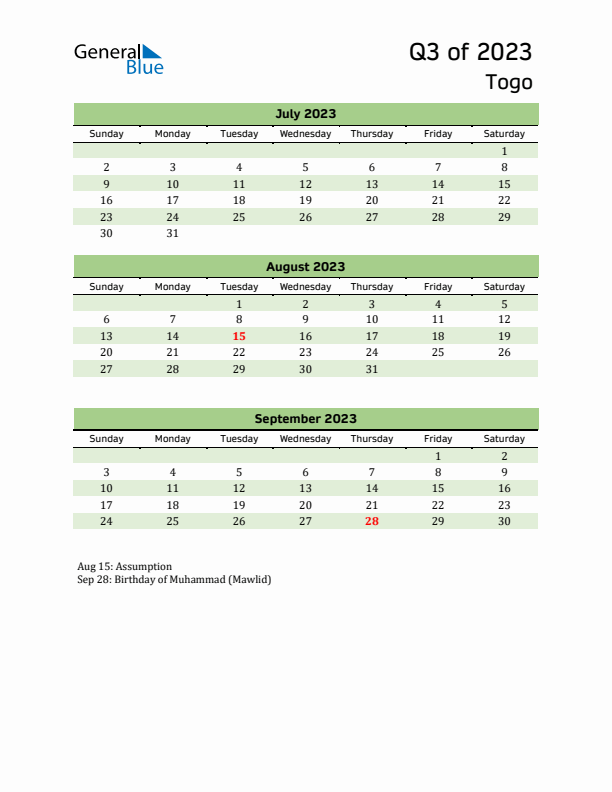 Quarterly Calendar 2023 with Togo Holidays