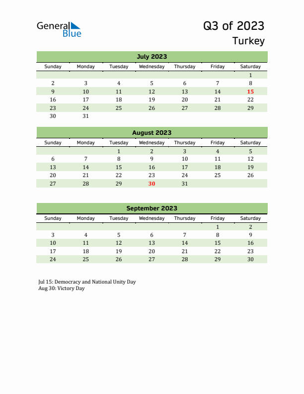 Quarterly Calendar 2023 with Turkey Holidays