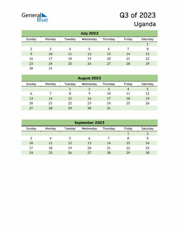 Quarterly Calendar 2023 with Uganda Holidays