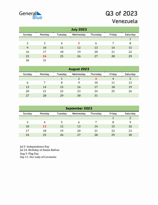 Quarterly Calendar 2023 with Venezuela Holidays