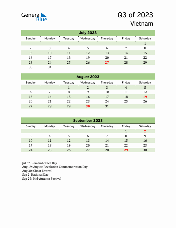 Quarterly Calendar 2023 with Vietnam Holidays