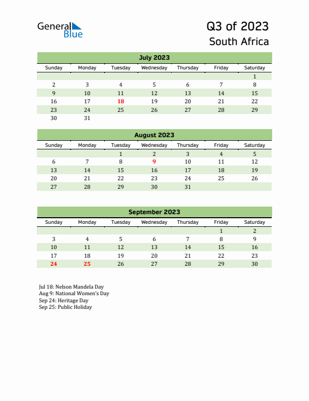 Quarterly Calendar 2023 with South Africa Holidays