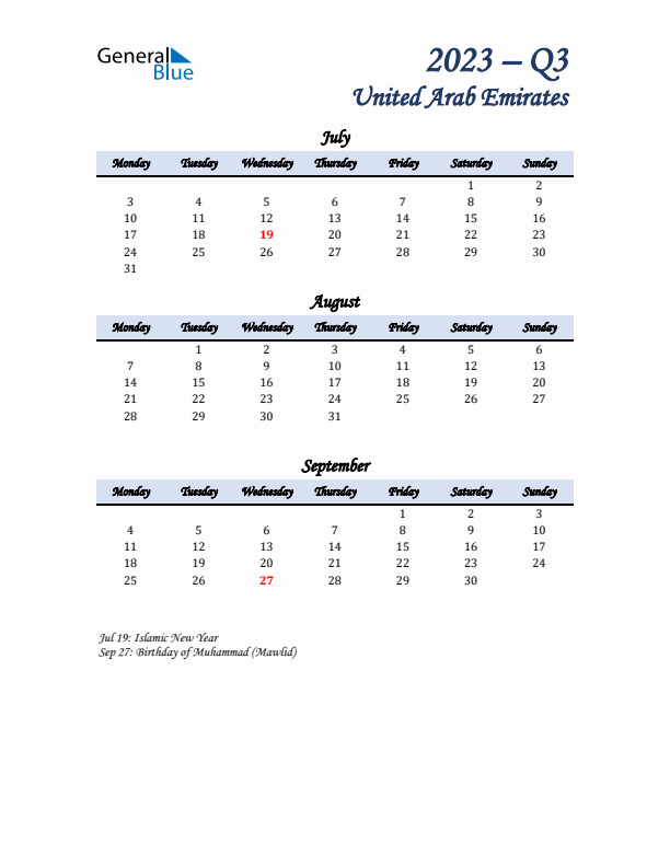 July, August, and September Calendar for United Arab Emirates with Monday Start