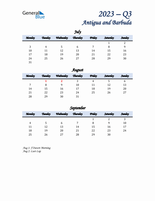 July, August, and September Calendar for Antigua and Barbuda with Monday Start