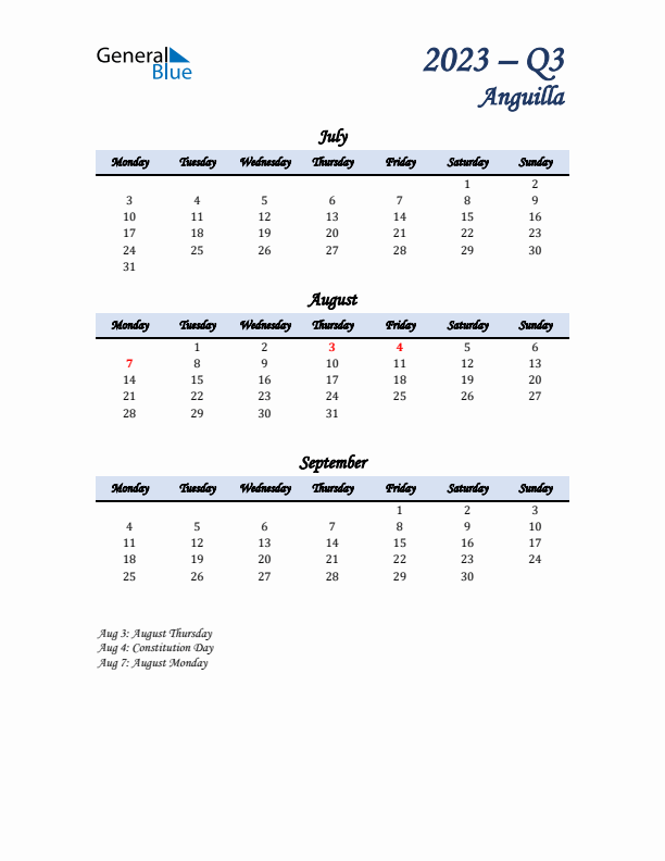 July, August, and September Calendar for Anguilla with Monday Start