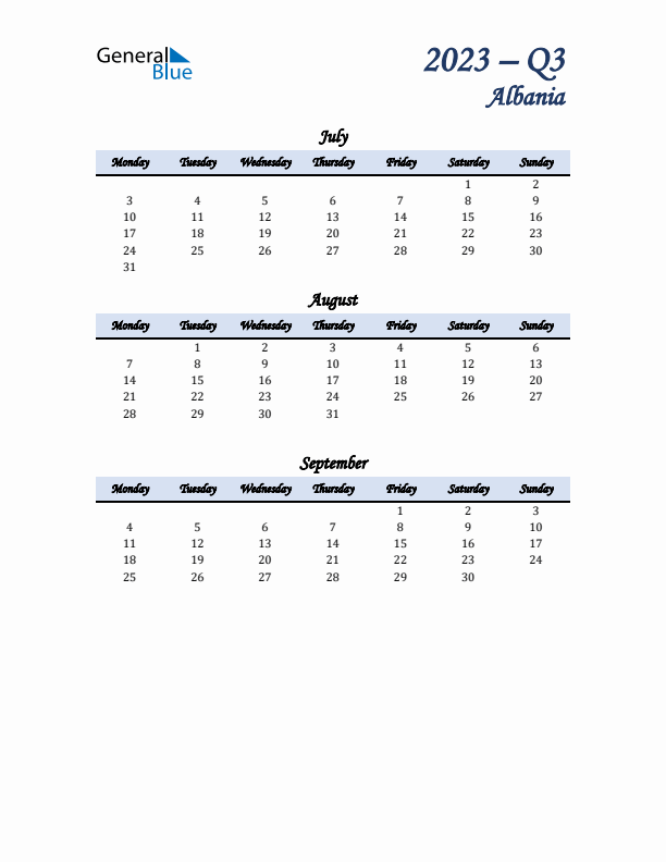 July, August, and September Calendar for Albania with Monday Start