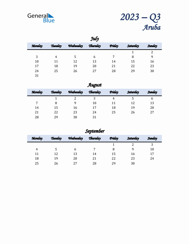 July, August, and September Calendar for Aruba with Monday Start