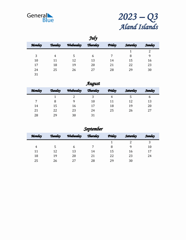 July, August, and September Calendar for Aland Islands with Monday Start