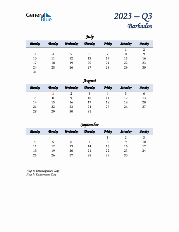 July, August, and September Calendar for Barbados with Monday Start