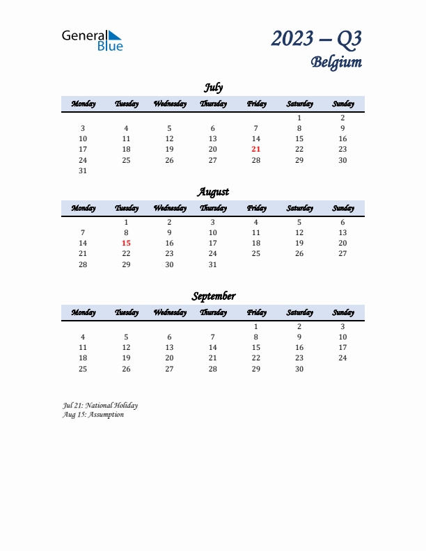 July, August, and September Calendar for Belgium with Monday Start