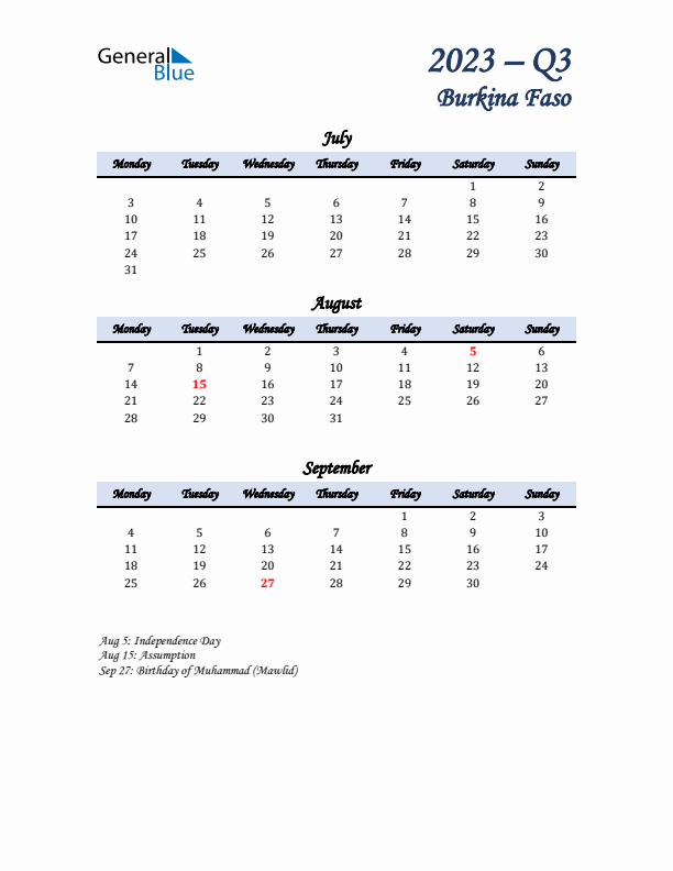 July, August, and September Calendar for Burkina Faso with Monday Start