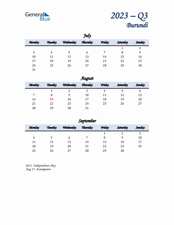 July, August, and September Calendar for Burundi with Monday Start