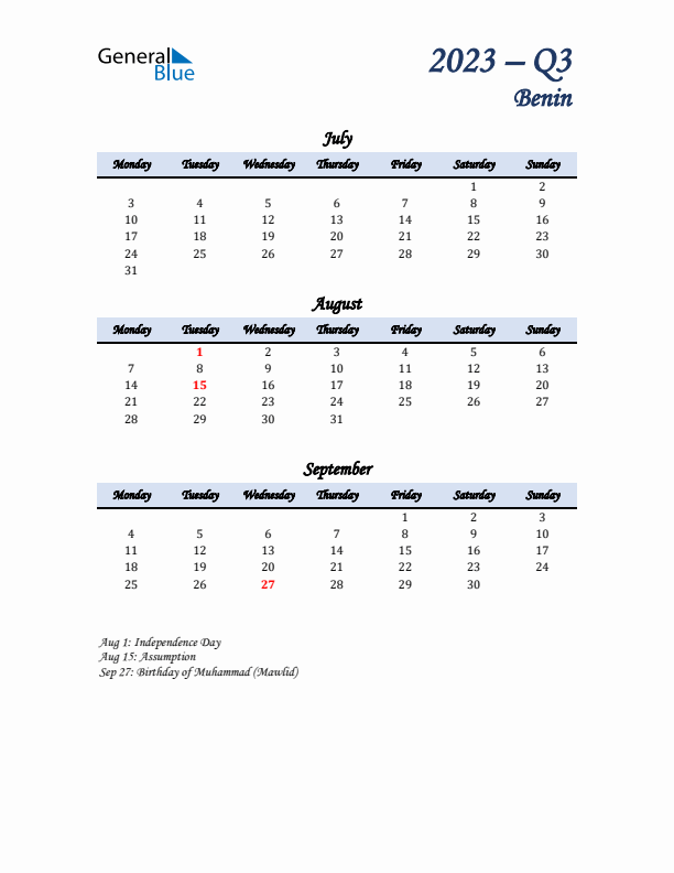 July, August, and September Calendar for Benin with Monday Start