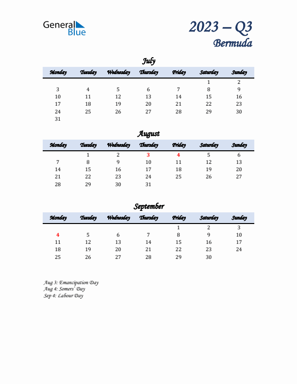 July, August, and September Calendar for Bermuda with Monday Start