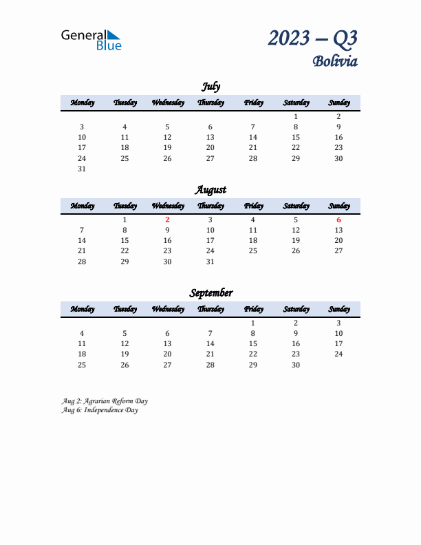 July, August, and September Calendar for Bolivia with Monday Start