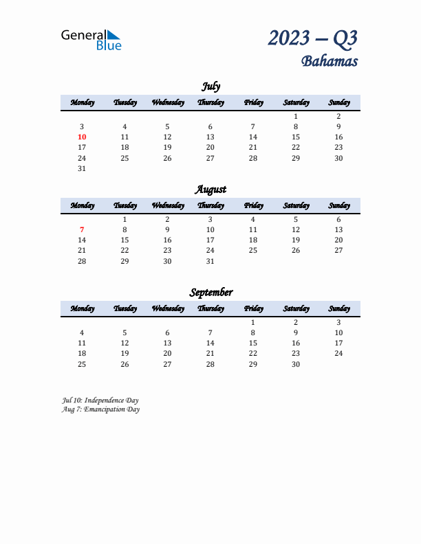 July, August, and September Calendar for Bahamas with Monday Start