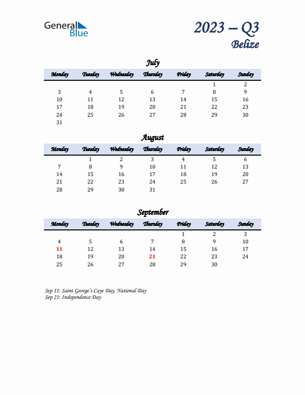 July, August, and September Calendar for Belize with Monday Start