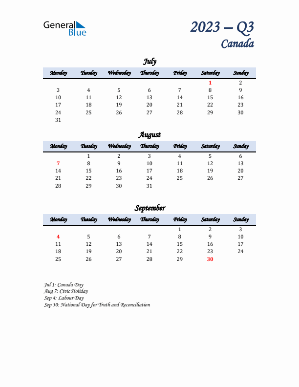 July, August, and September Calendar for Canada with Monday Start