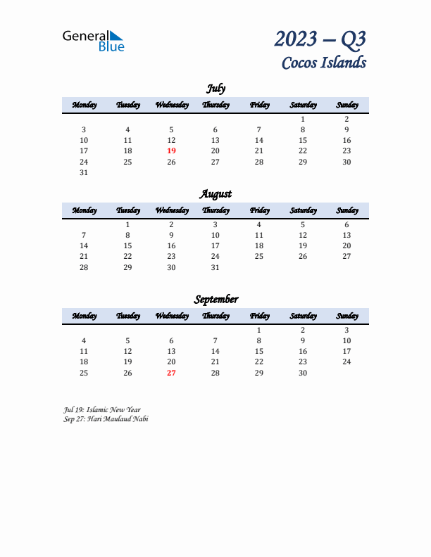 July, August, and September Calendar for Cocos Islands with Monday Start