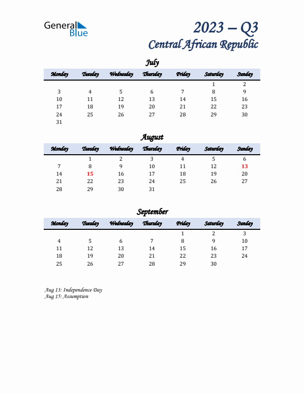 July, August, and September Calendar for Central African Republic with Monday Start